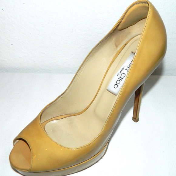 Jimmy Choo Beige Patent Leather Peep-Toe Pumps - Picture 1 of 12